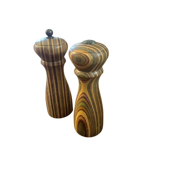 Vintage Mr. Dudley Rainbow Striped Wooden Salt & Pepper Mill Shaker Set MCM Boho - Picture 2 of 6